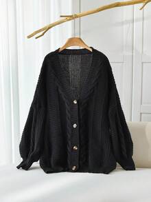 SHEIN CURVE+ Plus-Size Black Knitted Women's Sweater Cardigan, Suitable For Autumn And Winter Sweater Cardigan/Autumn /Winter, For Woman