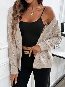 EMERY ROSE LUNE Casual Comfortable Hollow Rhombus Mesh Design Women Cardigan, Long Sleeve Top For Home, Vacation, Beach - Khaki - View 5