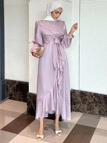 DAZY 女士优雅纯色灯笼袖系带裹身式中长连衣裙，款式端庄时尚 - 粉色 - 查看 5