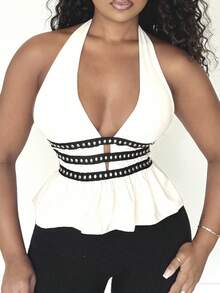 Alexandranx 夏季新款女士铆钉设计露背上衣 - 杏色 - 查看 3