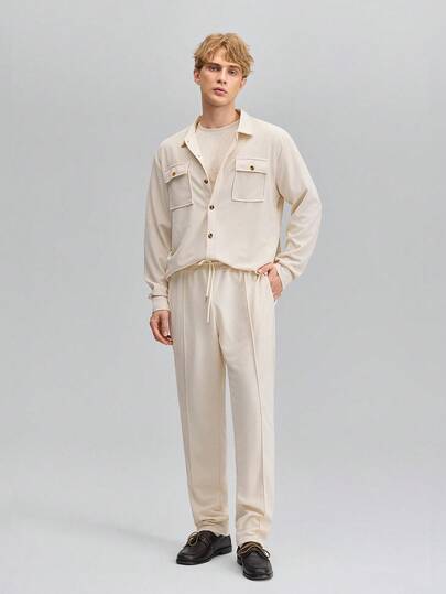  OFFICEAU 男士休闲两件套，纯色胸袋翻领长袖衬衫和长裤，轻便休闲运动度假套装，春秋季，秋装，复古春夏风