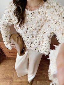 Elyressa 一件时尚蓬松亮片欧式宽松圆领套头毛衣，短款柔软舒适优雅女士冬季款 - 杏色 - 查看 7