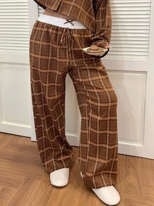 Dazy Plus 2pcs Plaid Loose Fit Casual Pajama Set, Suitable For Outdoor Wear, Plus Size Women, Spring/Autumn, Cozy Outfit, Fall Winter Clothes - Khaki - View 5