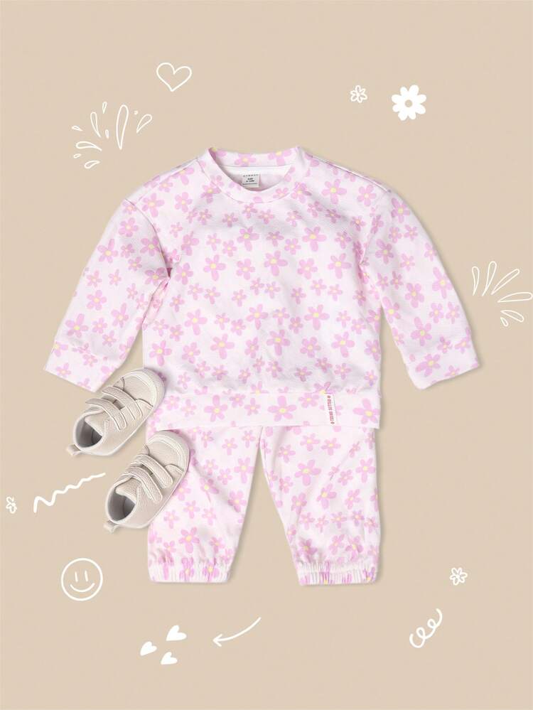 Floral Print Sweatshirt And Jogger Set With Elastic Cuffs