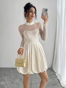 DAZY Women's Sheer Patchwork White Long Sleeve Short Dress - White - View 7