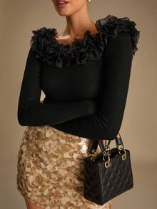 Enchnt 女式纯色网眼拼布荷叶边长袖修身时尚衬衫 - 黑色 - 查看 3