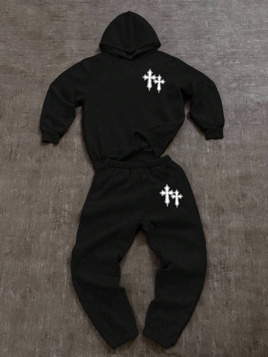 SHEIN 青少年男孩秋季新品休闲风格涂鸦手绘星星和字母印花运动街头服饰 Y2K 长袖连帽衫套装,适合秋冬 - 黑色 - 查看 1