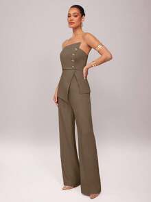 Conjunto de top bandeau asimétrico y pantalones de moda para el día a día - Marrón 2 - Ver 5