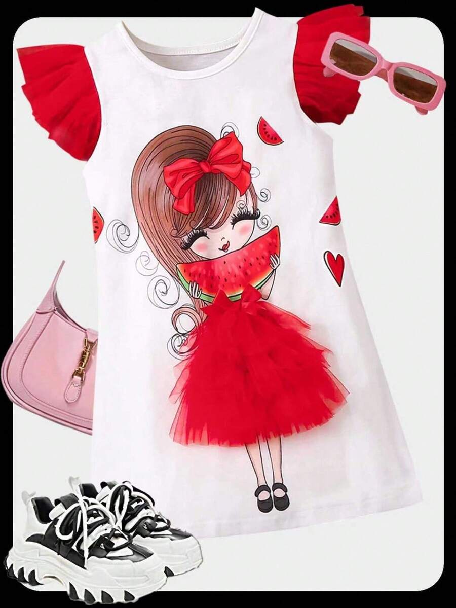 SHEIN 少女們的可愛卡通印花休閒假日簡約舒適裝束,贈送可愛袋子