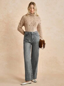 Écloséra 女款寬鬆休閒牛仔褲，帶側口袋與寬腿設計 - 淺灰色 - 查看 6