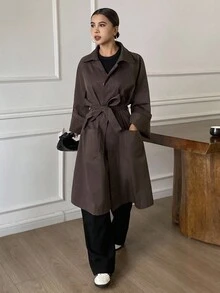 DAZY 女式宽松纯色长款腰带口袋翻领休闲优雅风衣，春秋 - 咖啡棕 - 查看 5