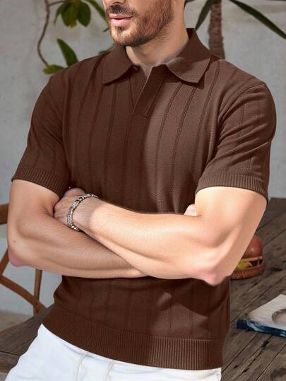 RivetRise Men's Striped Short Sleeve Casual Polo Neck Knit Top Rust Brown Polo Shirt Men Brown Knitted Polo Shirt Men Mens Brown Jersey Shirt Knitted Shirt For Men Mens Short Sleeve Knitted Shirt