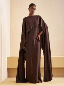 Zivah 2025 Autumn And Winter New Commuting Elegant Casual Vacation Brown Round Neck Sleeveless Long Dress + Asymmetrical Shawl Blouse Women Two Pieces Set, Travel, Commuting, Party, Vacation, Old Money Style, Shopping, Banquet, Elegant, Party, Date,Cozy Fall And Winter Clothes For Women