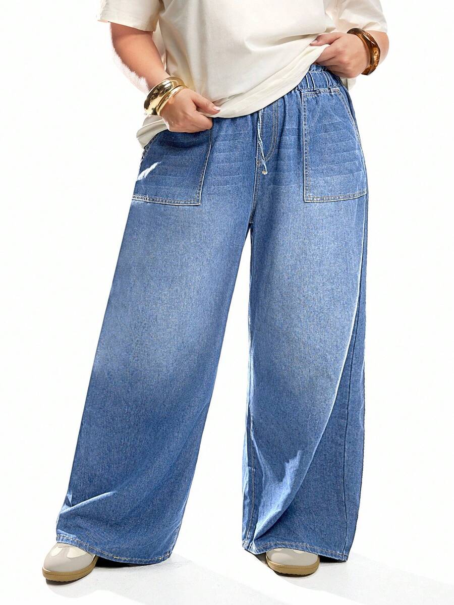 SHEIN ICON Plus Size Relaxed Fit Straight Leg Elastic Waist Jeans, Blue