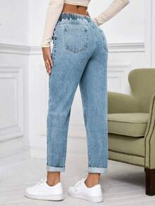 SHEIN Essnce Casual Washed Drawstring Waist Tapered Jeans Thickened Denim