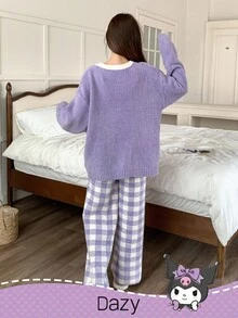 HELLO KITTY AND FRIENDS | SHEIN 女士冬季半羊毛针织卡通刺绣上衣和格子提花裤宽松睡衣套装，秋装 - 紫色 - 查看 2