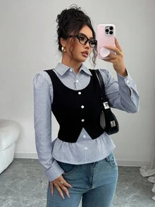 SHEIN Elenzya 女士蓝色罗纹拼接毛绒罗纹面料V领收腰设计优雅教师上衣，精致风格，适合独立日和秋季穿着 - 藍白色 - 查看 4