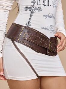 ROMWE J-Fashion 1pc Women's Brown Furry Decor Western Boho Style Rivet Embellished Wide Waist Belt, Versatile Accessory For Dresses, Jeans - Brown - View 3