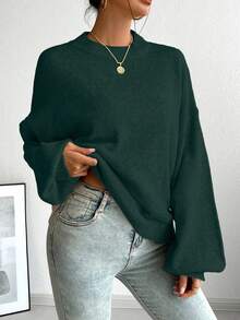 SoleilVie Áo len dệt kim dài tay cổ tròn dáng rộng phong cách Pháp, đa năng cho mùa thu/đông - Màu xanh lá cây đậm - Xem 3