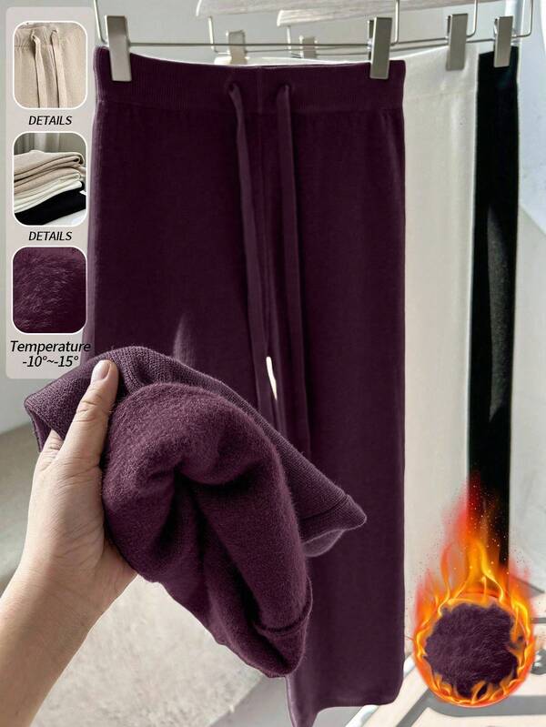 Franclia Nuevos pantalones casuales de mujer de cintura alta con cordón, pantalones de punto grueso con forro térmico