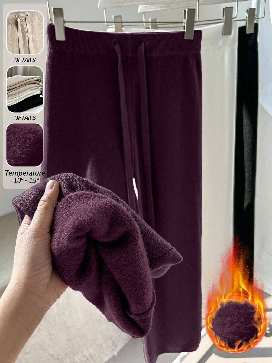Franclia 全新女式高腰抽绳休闲直筒裤，保暖内衬厚针织长裤 - 紫色 - 查看 1