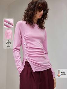 Ontre Women's Ruched Side Slit Hem Button Detail Sweaters Modern Urban Casual Fashion Business Office Wear Old Money Style In Fall/Winter - Burgundy - View 1