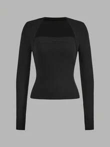 SHEIN EZwear 2 piezas Camisetas de manga larga casuales y minimalistas de talla grande en negro, para otoño/invierno