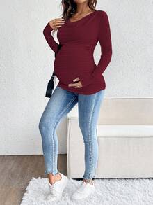 SHEIN Elegant Solid Color Ruffled Neck Fitted Maternity T-Shirt, Autumn Long Sleeve Maternity Top Maternity Tops Pregnancy Shirts Pregnancy Clothes Maternity Shirts For Women - Burgundy - View 5