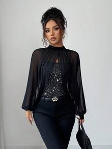 Elenzga Áo thun nữ trơn màu đính sequin cổ đứng, viền lưới tương phản và dây đeo mảnh, áo thun sequin thanh lịch thích hợp cho các buổi tụ họp trang trọng mùa thu/đông, hẹn hò, ngày lễ như Giáng sinh, Halloween, ngày lễ tình nhân, năm mới - màu đen - Xem 7