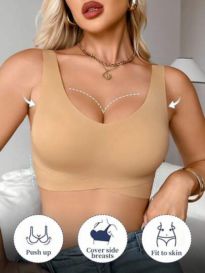 SHEIN 1 pieza Sujetador de mujer NudeFit de moda minimalista, de unicolor, cómodo, sin costuras, con cuello en U, inalámbrico, con relleno extraíble, con tirantes anchos cruzados y que levanta