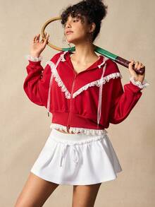 VARSIVA 女式撞色蕾丝荷叶边下摆落肩拉链连帽运动夹克 - 彩色 - 查看 6