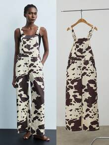 Maija Women's Coffee-Colored Denim Overalls, Cow Pattern Casual Jumpsuit, Autumn And Winter Casual Wear