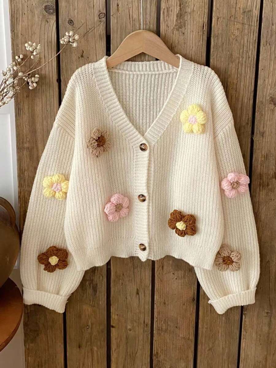 SHEIN Vintaside Kids كارديجان صوفي مزخرف بزهور ثلاثية الأبعاد بلون المشمش لفتيات المراهقات في فصلي الخريف والشتاء - لون مشمشي - مشاهدة 1