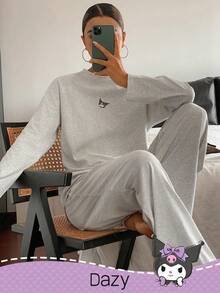 DAZY HELLO KITTY AND FRIENDS | SHEIN 女士休闲卡通图案插肩袖宽松上衣和裤子家居服套装，春秋季，舒适保暖，秋冬服装 - 淺灰色 - 查看 7