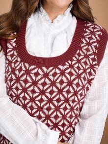 EMERY ROSE Gilet tricoté casual à motif argyle rouge grande taille - Rouge - Voir 4