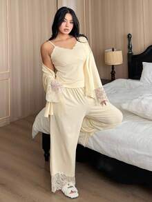 Dazy Plus 3pcs Plus Size Women Elegant Contrast Lace Camisole Top, Robe And Pants Sleepwear Set Fall Winter Clothes - Apricot - View 3