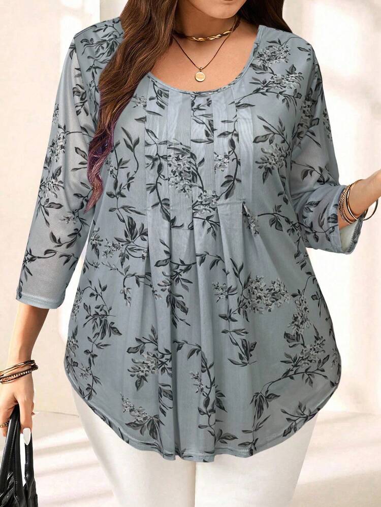 EMERY ROSE بلوزة نسائية كبيرة الحجم مطبوعة بالزهور، أكمام ثلاثة أرباع، صيفية - رمادي - مشاهدة 4