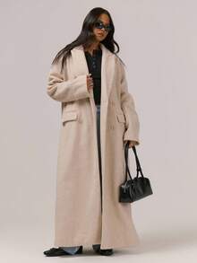 MUSERA 仿磨毛超长风衣，纽扣细节设计，适合夜间外出和冬季穿着，优雅大方。 - 杏色 - 查看 1