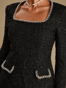 Enchnt Abito mini elegante e raffinato da donna, con scollo quadrato, maniche lunghe, in tweed di filato romantico nero, impreziosito da perle e strass luccicanti, adatto per feste, appuntamenti, vacanze, lauree, ufficio, uscite, Ognissanti e Natale. È una scelta ideale per abiti, completi e outfit autunnali, nonché per il carnevale e il Capodanno.