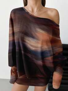 Aloruh 性感紧身迷你连衣裙，扎染肩部镂空和全身印花，棕色纹理迷你连衣裙，适合秋季穿着，复古做旧风格连衣裙，适合派对、音乐节、俱乐部聚会 - 彩色 - 查看 7