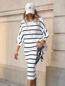 Solivie Women's Striped Round Neck 3/4 Sleeve T-Shirt And Mini Skirt Casual 2 Pieces Set In Fall/Winter