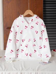 青少年女孩休闲百搭百搭甜美可爱樱桃图案连帽宽松口袋拉链夹克运动衫，秋冬秋季 - 白色 - 查看 3