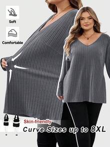 SHEIN CURVE+ Áo thun cổ chữ V viền gân màu xanh cỡ lớn, quần áo thu đông cho nữ, mùa đông, CONG CỠ LỚN/Mùa thu/Mùa đông - Màu xám đen - Xem 11