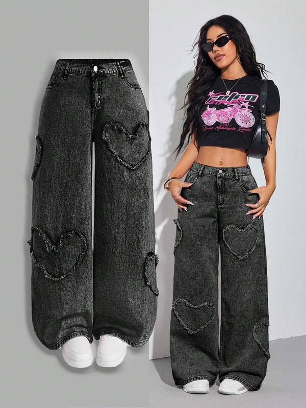 SHEIN PETITE Jeans rectos de pierna ancha con bolsillos y botones, de uso casual y versátil para mujeres