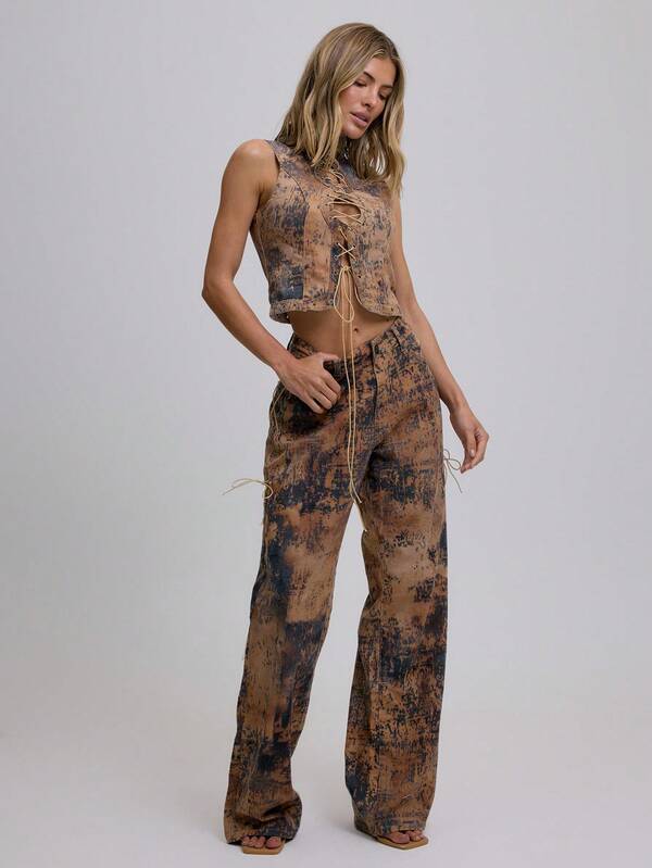 MUSERA Vaqueros de pierna ancha con estampado de vaca, con cordones a los lados y talle bajo, perfectos para el verano, festivales, vacaciones, estilo sexy y campestre, ideal para primavera, Ibiza, conciertos country, raves, fiestas y Acción de Gracias