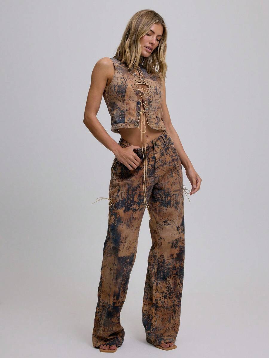 MUSERA 低腰系带阔腿牛仔奶牛纹牛仔裤，仅限夏季节日度假可爱性感牛仔女郎春季伊比沙岛西部乡村音乐会锐舞派对时尚 - 棕色 - 查看 1