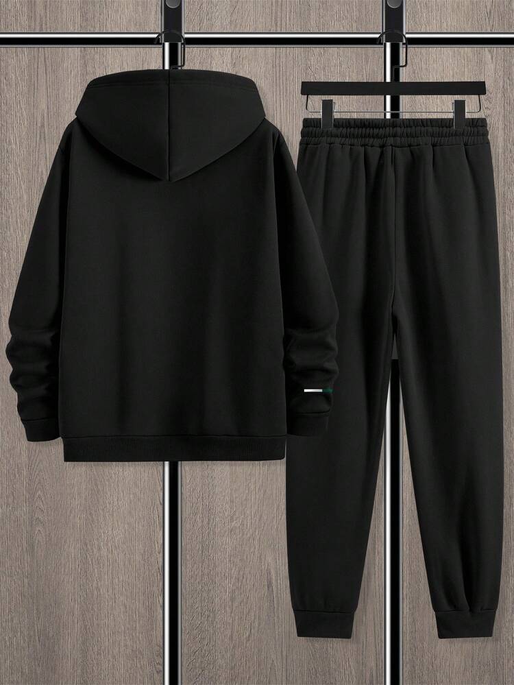 Manfinity Homme 男士纽约标语印花休闲保暖卫衣和运动裤套装（2件套），秋冬男装，男士礼物，男友秋季穿搭，舒适秋冬款式 - 黑色 - 查看 3