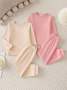 4件套女童休闲纯色长袖上衣和裤子家居服套装 - 彩色 - 查看 5