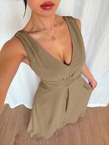 Rafferiza 优雅V领褶腰珍珠雪纺阔腿连体裤，适合婚礼宾客礼服，紫色 - 卡其色 - 查看 4