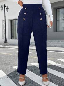 EMERY ROSE Plus Size Double Row Metal Decor Textured Fabric Straight Leg Knit Pants, Elegant For Commuting And Outings - Navy Blue - View 5